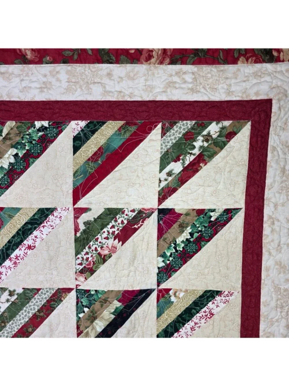 Vintage Patchwork String Quilt Burgundy Floral Bird Border Double Full 70 x 83